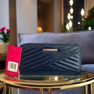 NWT Women Wallet RAMPAGE Navy Blue Gold Logo Quilted Leather Accordion Wallet